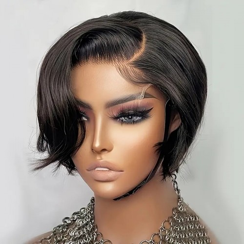 Short Straight Hair Wig, Short Bob Side Part Lace Front Human Hair Wigs, Transparent Lace Front Human Hair Wigs For Women