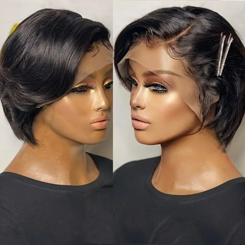 Short Straight Hair Wig, Short Bob Side Part Lace Front Human Hair Wigs, Transparent Lace Front Human Hair Wigs For Women@dashaedadoll