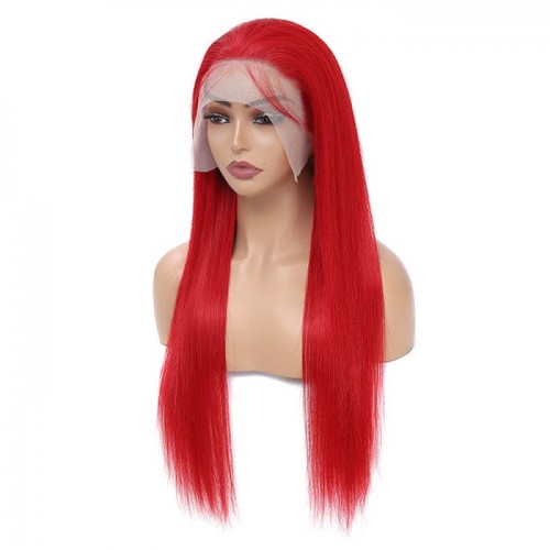 IAMSHERIKSB Red 13x4 Lace Front Human Hair Wigs Brazilian Straight Pre Plucked HD Transparent Lace Frontal 200% Density Human Hair Wig