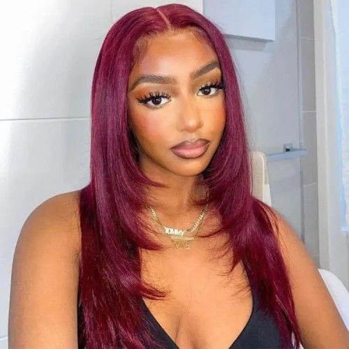 IAMSHERIKSB 99J Layered Straight Wig Burgundy Color Layered Human Hair Lace Front Wigs