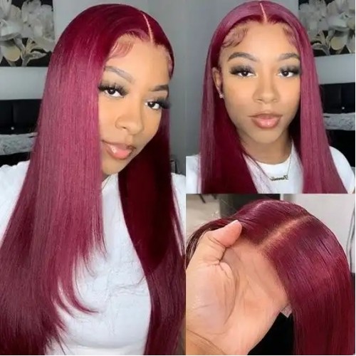 IAMSHERIKSB 99J Layered Straight Wig Burgundy Color Layered Human Hair Lace Front Wigs