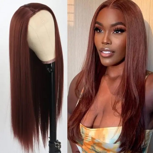IAMSHERIKSB Straight 13x4/5x5 Reddish Brown Lace Frontal Wig HD Transparent Human Hair Wigs Auburn Colored 33# Wig