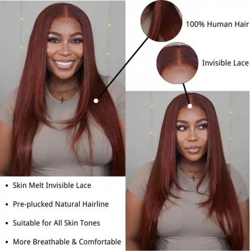 IAMSHERIKSB Straight 13x4/5x5 Reddish Brown Lace Frontal Wig HD Transparent Human Hair Wigs Auburn Colored 33# Wig