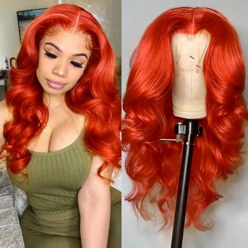 IAMSHERIKSB Dark Ginger Orange Body Wave 13x4 HD Lace Front Wig Colored 180% Density Human Hair Wigs For Women