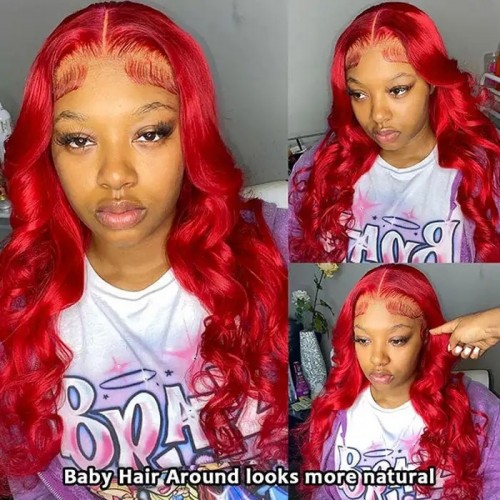 IAMSHERIKSB  Red Color Lace Front Wigs Body Wave Transparent 13x4 Lace Front Wig with Pre Plucked 200% Density Human Hair Wig