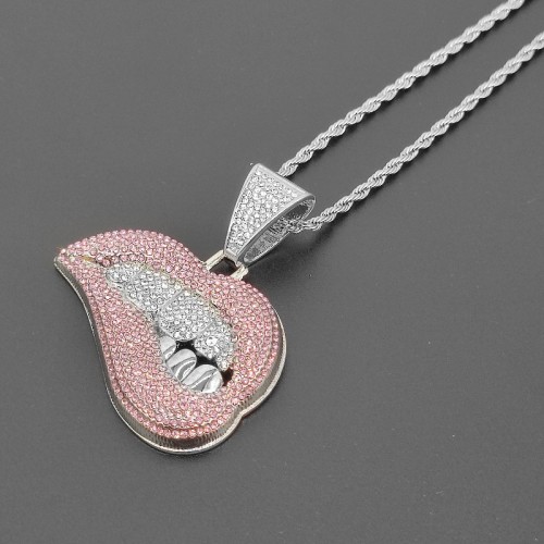 New European and American Style Pink Lipstick Pendant Necklace with Crooked Lips, Teeth and Diamond Accents in Hiphop Fashion