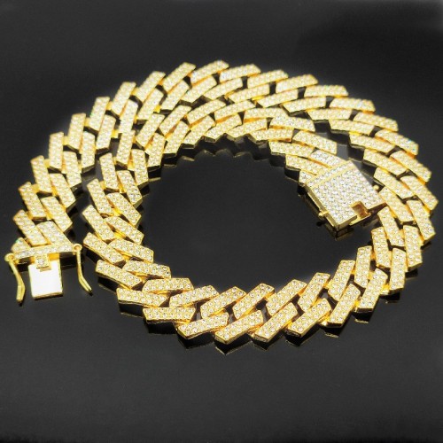 Wide Hiphop Diamond-Encrusted Rhombus Bar 20mm Thick Gold Cuban Diamond-Shaped Necklace