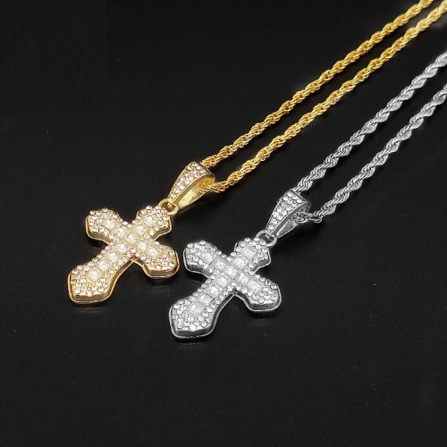 New Colorful Full Drill Cross Necklace Hiphop Fashion Heavy-duty Inlaid Diamond All-match Sweater Chain