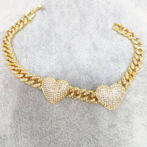 Alloy Lady 20-23cm Wide Chain Heart-shaped Small Cuban Chain Gold Chain Full Diamond Hiphop Rap Hip-hop Necklace
