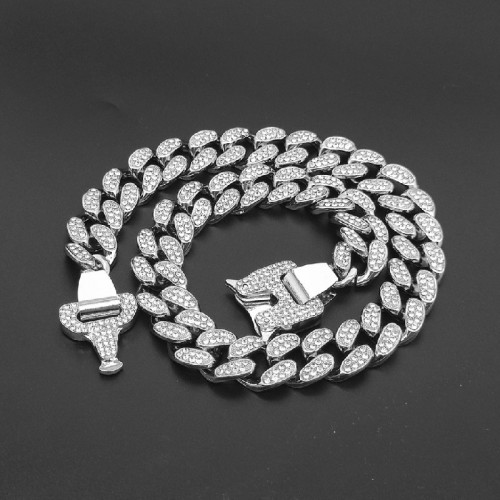 New Safety Buckle Spring Buckle Square Buckle 20mm Wide Double-row Full Drill Atmospheric Alloy Cuban Chain Necklace Neck Chain