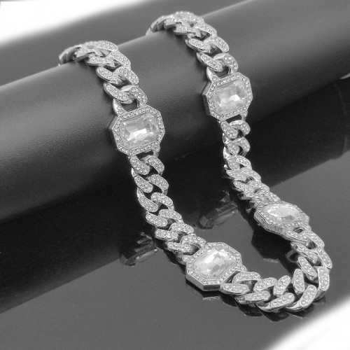 Hiphop 12mm Full Drill Cuban Chain with Inlaid Rectangular Gemstone Diamond Men's and Women's Necklace