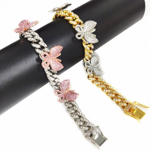 Overseas Best-selling Hiphop Single Diamond 3 Butterfly Cuban Anklet, Diamond-Encrusted Butterfly Element High-end Anklet for Women