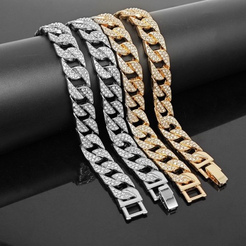 Promotional Price 15mm Watch Clasp Flat Cuban Chain Full Drill Hiphop Rap Necklace