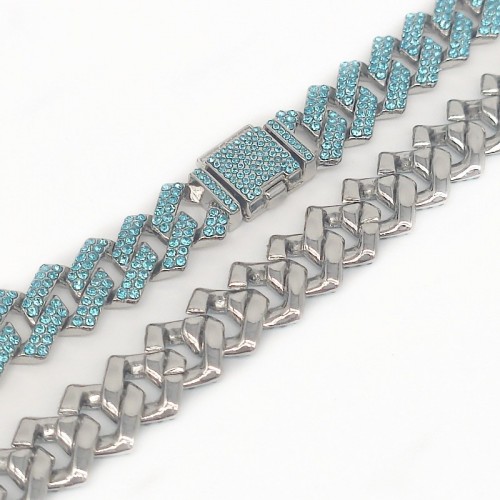 Foreign Trade European and American Explosive Hiphop Fashion Jewelry, Flip Small Box Clasp, 15mm Blue Full Drill Cuban Chain