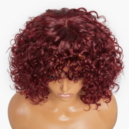 Beginner Friendly Dark Red Water Wave Glueless Minimalist Lace Wig With Bangs