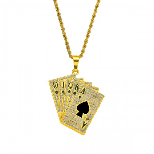 European and American Cross-border Hip-hop HIPHOP Jewelry, Personalized Trendy Full Diamond Poker Straight Flush Pendant Titanium Steel Necklace