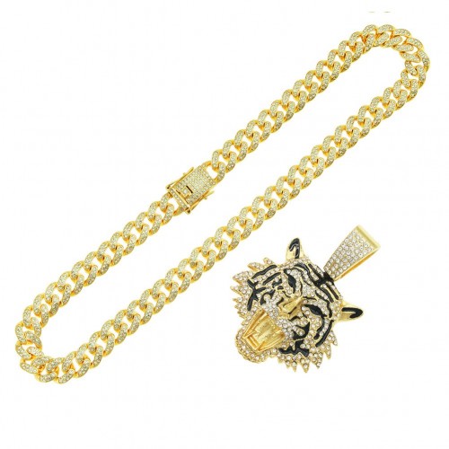 European and American Cool 3D Full Diamond Painted Oil Tiger Head Pendant, Cuban Chain Necklace for Fashionable Men at Nightclubs