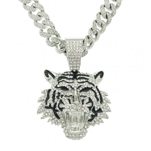 European and American Cool 3D Full Diamond Painted Oil Tiger Head Pendant, Cuban Chain Necklace for Fashionable Men at Nightclubs