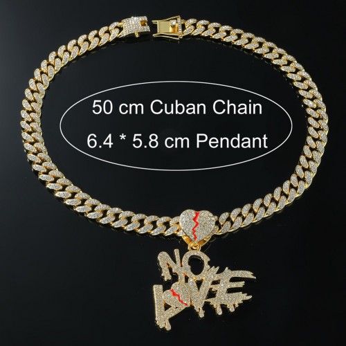 European and American Hip-hop Full Diamond Spliced Letter Heart Pendant Necklace, Men's Clavicle Chain, Broken Heart Letter NOLVE Cuban Chain