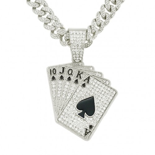 Personalized Inlaid Diamond Poker Pendant Necklace, European and American Hip-hop Rap Street Dance Cool Punk Necklaces
