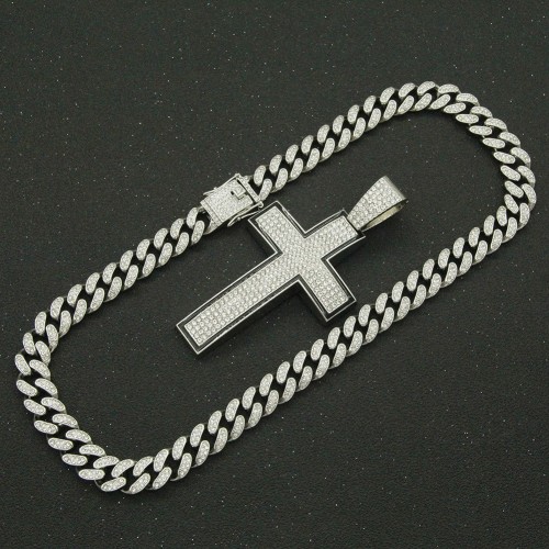 European and American Hip-hop Men's Domineering Full Diamond Cross Pendant, Cuban Chain Necklace, Fashion Accessories for Trendy Street Dance