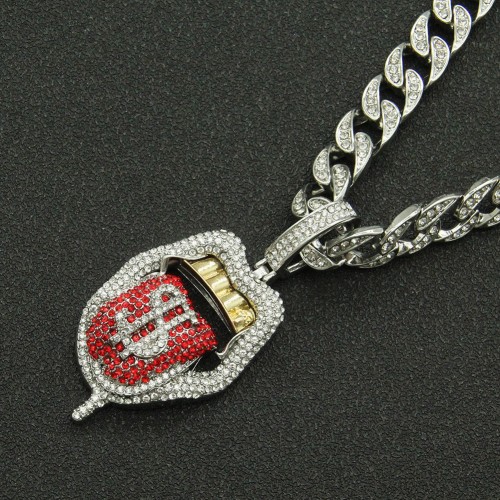 European and American Hip-hop Rap Decoration Full Diamond 3D Dollar Tongue Pendant, Exaggerated Cuban Chain Necklace for Fashionable Men