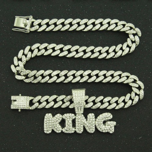 European and American Hip-hop Exaggerated King Full Diamond Letter Pendant Necklace, Men's Domineering Cool Cuban Chain Accessories
