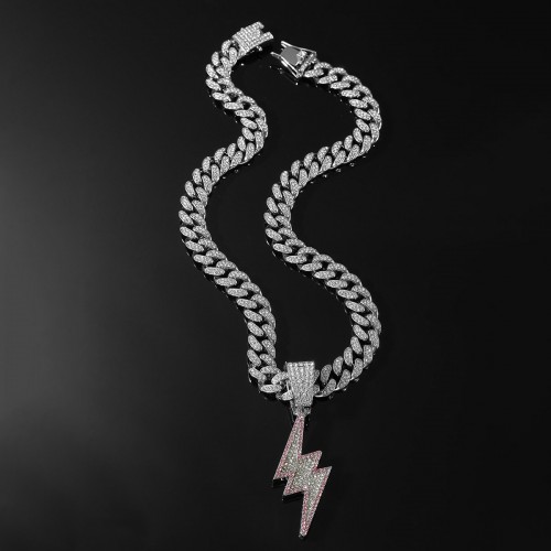 European and American Cool Men's Dual-color Diamond Lightning Pendant Necklace with Flash Diamond Hip-hop Street Dance Rap Cuban Chain