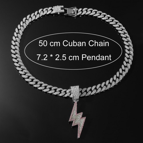 European and American Cool Men's Dual-color Diamond Lightning Pendant Necklace with Flash Diamond Hip-hop Street Dance Rap Cuban Chain