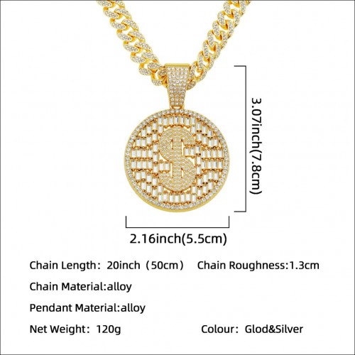 European and American Hip-hop Full Diamond Dollar Round Hollow Pendant Cuban Chain Necklace, Men's Cool Domineering Exaggerated Accessories
