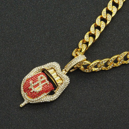 Full Diamond 3D Dollar Tongue Pendant - European and American Exaggerated Necklace