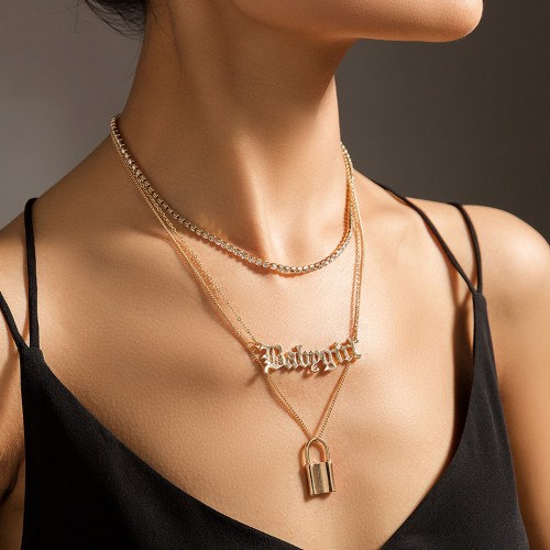NZ981 KC gold+color protection+rhinestone lock multi -layer necklace