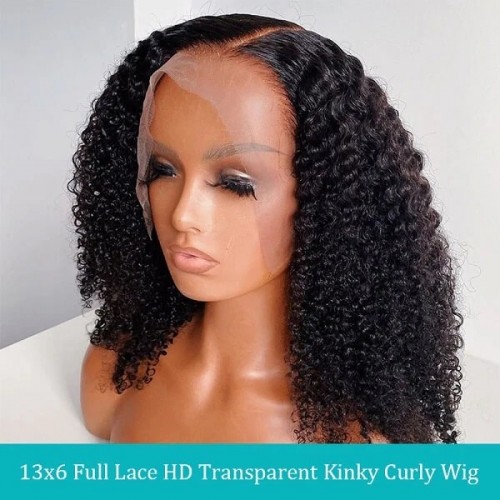 13x6 Full Lace HD Transparent Kinky Curly Wig Natural Black Color