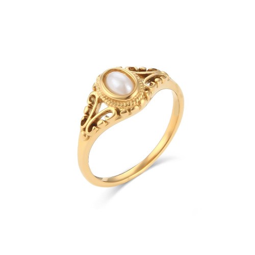 European and American Jewelry Minimalist and Elegant Freshwater Pearl Ring, Stainless Steel Gold-plated Floral Pattern Delicate Pearl Ring for Women