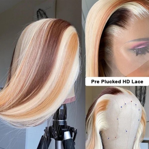 Glueless Balayage Highlight Lace Front Wigs Honey Blonde Brown 613 Colored Human Hair Wigs 13x4 HD Lace Frontal Wigs