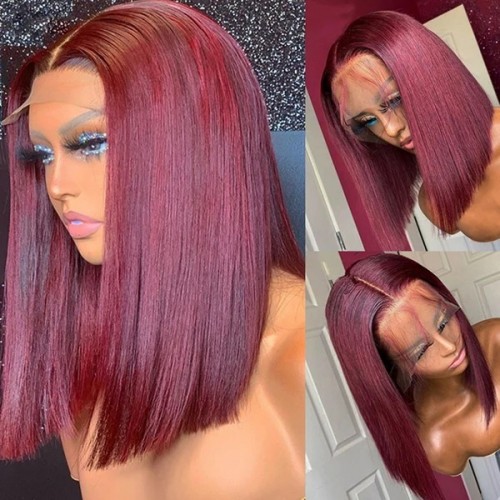 Burgundy Straight Lace Front Bob Wigs Colored Human Hair Wigs 4x4 Closure Wig