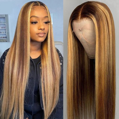 Curlyme Highlight Lace Front Wig Straight Human Hair Wig Colored Wig 13x4 Lace Frontal Wigs P4/27