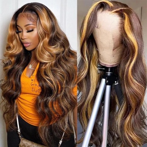 Curlyme Highlight Body Wave Human Hair Wigs 250% Density Ombre 13x4 HD Transparent Lace Frontal Wigs Pre Plucked P4 27