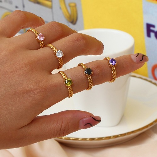 Wholesale European and American Vintage Accessories 2024: Stainless Steel 18K Gold-Plated Round Zircon Braided Adjustable Ring