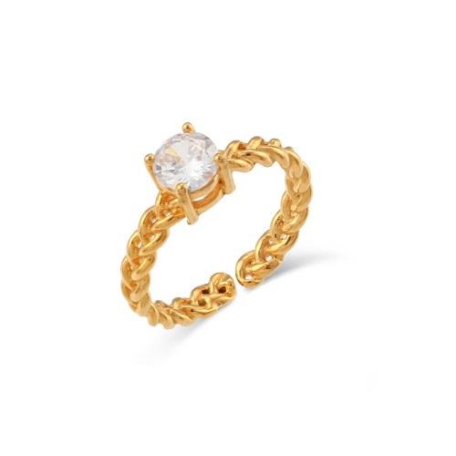 Wholesale European and American Vintage Accessories 2024: Stainless Steel 18K Gold-Plated Round Zircon Braided Adjustable Ring