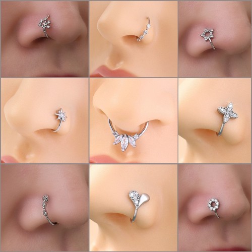 Amazon Cross-Border Piercing Faux Nose Stud: Copper Inlaid Zircon Star Heart Nose Clip, Leaf Irregular Nose Ring, Nose Jewelry