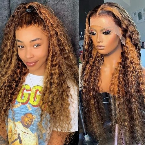 Curlyme Highlighted Deep Wave Wig 13x4 Lace Front Wigs Honey Blonde Deep Curly Human Hair Wigs P4/27