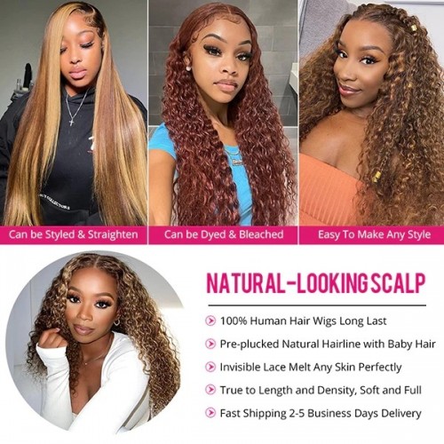 Curlyme Highlighted Deep Wave Wig 13x4 Lace Front Wigs Honey Blonde Deep Curly Human Hair Wigs P4/27