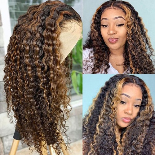 Curlyme Highlight Deep Curly Wig Deep Wave Human Hair Wig 13x4 Lace Front Wigs P4/27