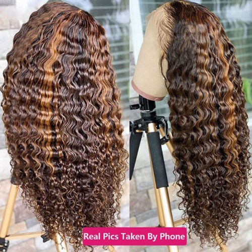 Curlyme Highlight Deep Curly Wig Deep Wave Human Hair Wig 13x4 Lace Front Wigs P4/27