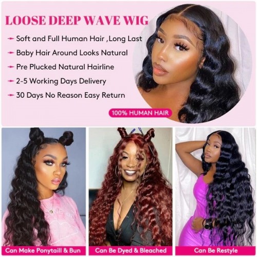 13x4 Lace Front Loose Deep Wave Human Hair Wig, 180-250% Density