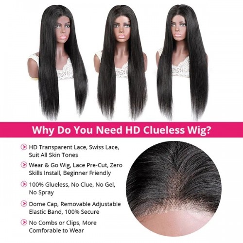 4x4 5x5 HD Glueless Lace Closure Loose Deep Wave Human Hair Wig, Pre-Cut