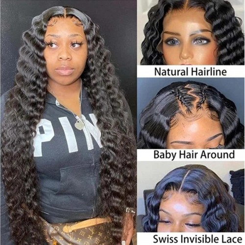 30 Inch Loose Deep Wave 13x4 HD Lace Front Human Hair Wig, Pre-Plucked