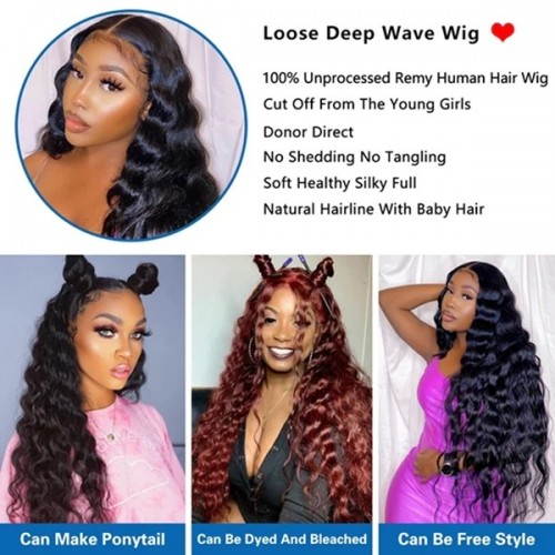 30 Inch Loose Deep Wave 13x6 Lace Front Human Hair Wig for Black Women, Lace Frontal