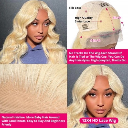 30 Inch Blonde Glueless Body Wave Human Hair Wigs 13x4 HD Transparent 613 Lace Front Wigs